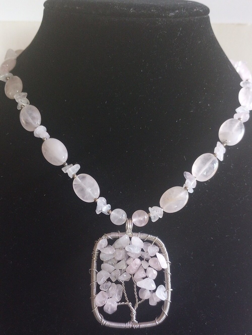 Rose Quartz Tree of Life Pendant Necklace 29" Long Natural Beads No dye.